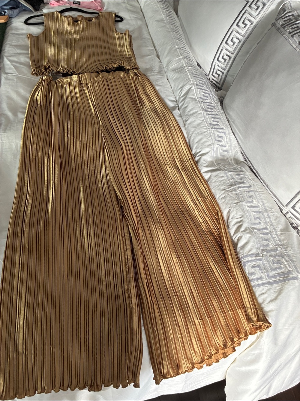 Stunning Vintage Gold Pleated Two-Piece Ensemble